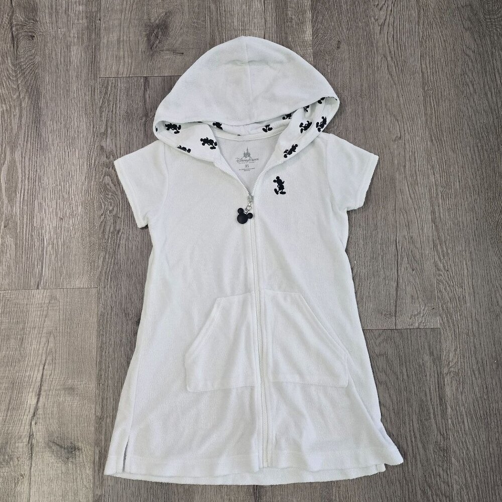 Disney Parks White Hooded Cover-Up Dress With Zipper Mickey Mouse Print Kids XS